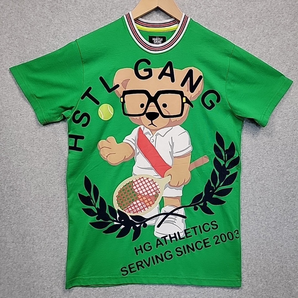 NEW HUSTLE GANG Bear Graphic Tee Green James Blake SS Knit Tennis‎ Men's Small